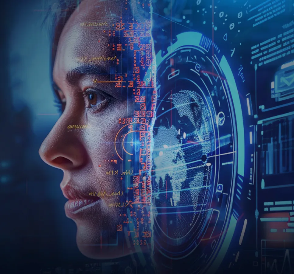 Human profile fused with data visualization representing AI-guided personalized development
